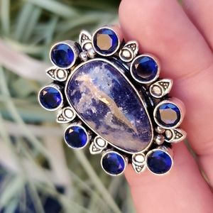New Oversized Sodalite & Blue Topaz 925 Silver Statement Ring.